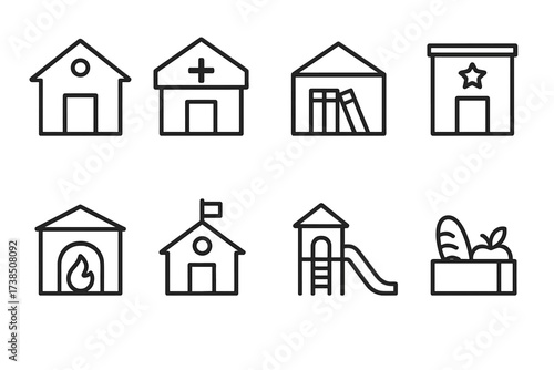 Icons of Local Economy. Outline icon set of local economy: farmer, market stall, bakery, local craftsman, fishing boat, street vendor, delivery truck, local