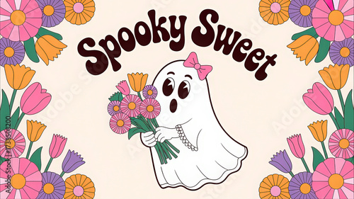 Groovy Ghostly Greetings A Sweet Specter with Floral Flair for Autumnal Festivities and Playful Haunting Season Decor