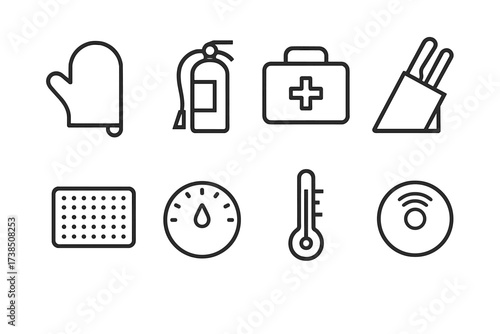 Cooking Safety Icons. Outline icon set of cooking safety: oven mitt, fire extinguisher, first aid kit, knife block, non-slip mat, timer, thermometer, smoke