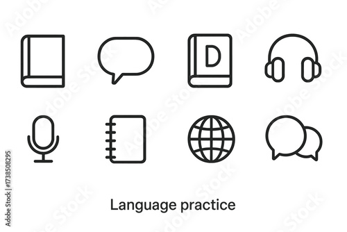 Outline Icon Sets. Outline icon set of language practice: book, speech bubble, dictionary, headphones, microphone, notebook, language globe, conversation icon.