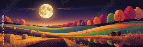 Idyllic Autumn Farm Landscape with Rolling Fields, Tractor, Hay Bales, Vibrant Fall Trees, and Full Moon Night – Vector Illustration