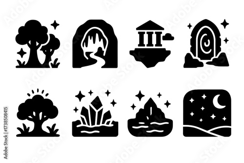 Mystical Landscape Icons. Solid, filled icon set of mystical landscapes: enchanted forest, mystical cave, ancient temple, floating island, magic portal, sacred