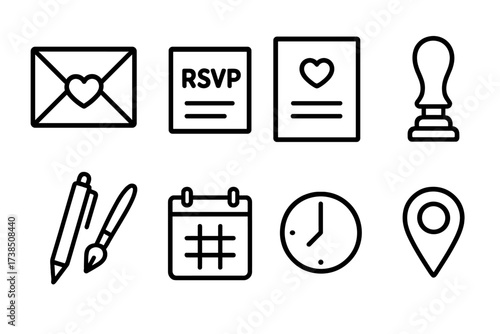 Romantic Dinner Icons. Outline icon set of romantic dinner tableware: wine bottle, wine glass, dinner plate, salad bowl, bread basket, cutlery set, salt