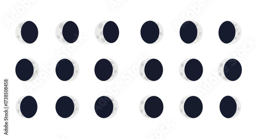 Complete set of moon phases in flat design on a white background capturing the lunar cycle phases
