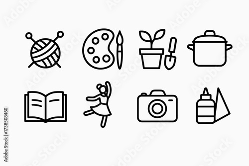Stepmother's Hobby Icons. Outline icon set of stepmother?s hobbies: knitting, painting, gardening, cooking, reading, dancing, photography, crafting. Line icons
