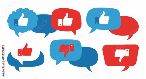 Engagement and feedback illustration showing thumbs up and thumbs down icons in speech bubbles for