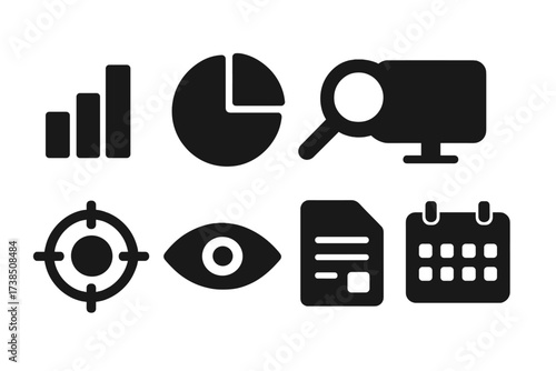 Media Analytics Icons. Solid, filled icon set of media analytics: bar chart, pie chart, magnifying glass, computer screen, target, eye, report document,