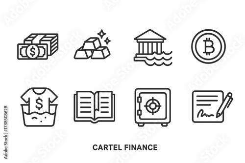 Cartel Finance Icons. Outline icon set of cartel finance: stacks of cash, gold bars, offshore bank, cryptocurrency, money laundering, ledger book, safe,