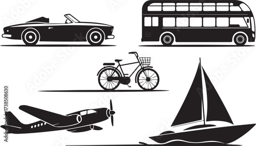 Transportation Icons Car, Bus, Bicycle, Airplane, Sailboat Silhouettes