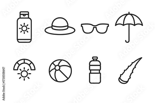 Sun Protection Icons. Outline icon set of sun protection and skin care: sunscreen lotion, hat, sunglasses, umbrella, UV index, beach ball, water bottle, aloe