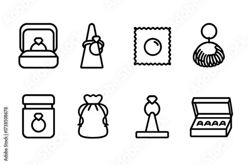 Ring Accessories Icons. Outline icon set of ring accessories: ring box, ring holder, polishing cloth, ring sizer, ring cleaner, jewelry pouch, ring stand, ring