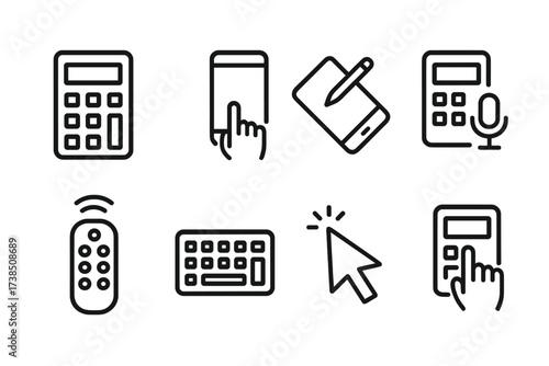 Calculator Input Icons. Outline icon set of calculator input methods: numeric keypad, touchscreen, stylus input, voice input, remote control, keyboard input,