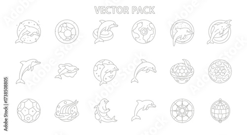 Collection of outline vector icons featuring dolphins planets and nautical themed design elements