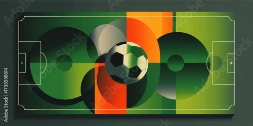Modern Abstract Soccer Field Art with Geometric Shapes and Soccer Ball in Green Orange Minimalist Style