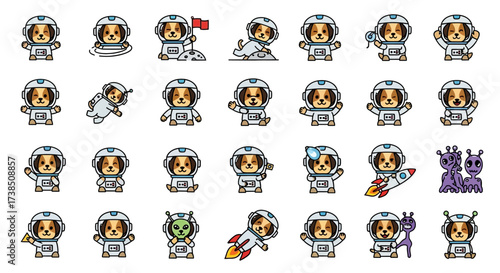 Collection of adorable cartoon dog astronauts exploring space with aliens and rockets isolated