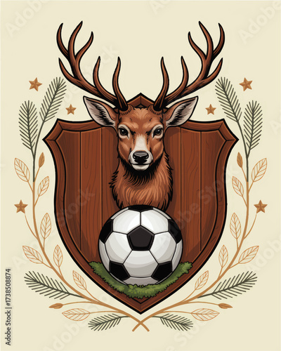 Vintage Deer Crest With Soccer Ball, Heraldic Badge, Forest Motif, Hand-Drawn Animal Emblem, Rustic Football Team Logo