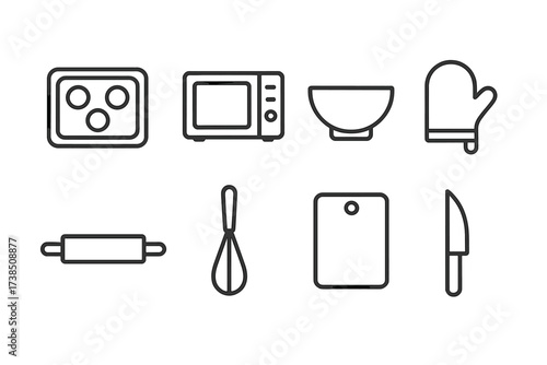Snack Preparation Icons. Outline icon set of snack preparation: baking tray, microwave, mixing bowl, oven mitt, rolling pin, whisk, cutting board, knife. [Line