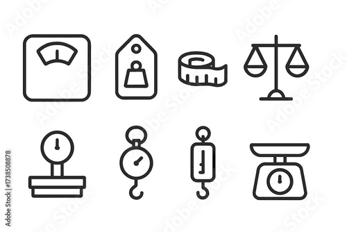 Weight Measurement Icons. Outline icon set of measuring weight: scale, weight tag, measuring tape, balance scale, postal scale, luggage scale, spring scale,