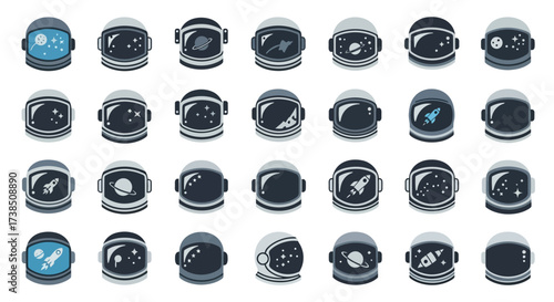 Collection of astronaut helmets with space and rocket designs in a vector format