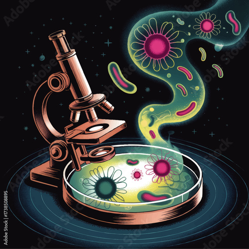 Retro Microscope Examining Glowing Colorful Bacteria in Petri Dish - Science Illustration on Black Background