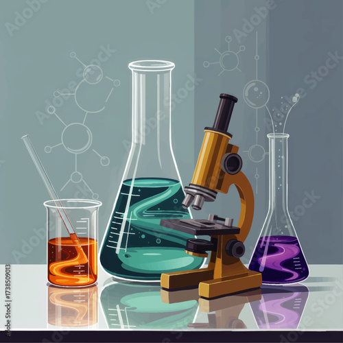 Colorful Scientific Laboratory with Microscope, Beakers, and Chemical Flasks – Modern Science and Research Illustration