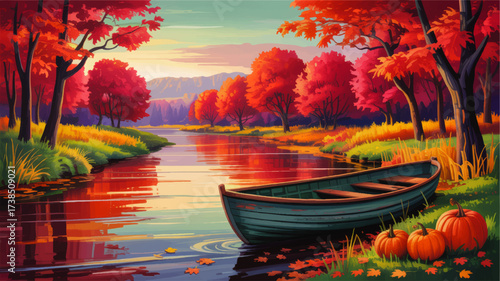 Tranquil Autumn River Landscape with Wooden Rowboat, Vibrant Red Trees, and Pumpkins at Sunset – Colorful Fall Nature Illustration
