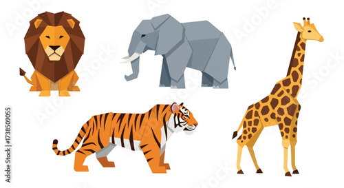 Geometric Safari Animals Set Lion Elephant Giraffe Tiger Flat Design Vector Illustration