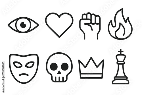 Ruthless Mindset Icons. Outline icon set of ruthless mindset: sharp eye, cold heart, clenched fist, fire flame, mask, skull, crown, chess king. Line icons in