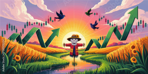 Vibrant Agricultural Investment Concept Illustration with Rising Stock Chart, Scarecrow, and Sunset Over Wheat Fields