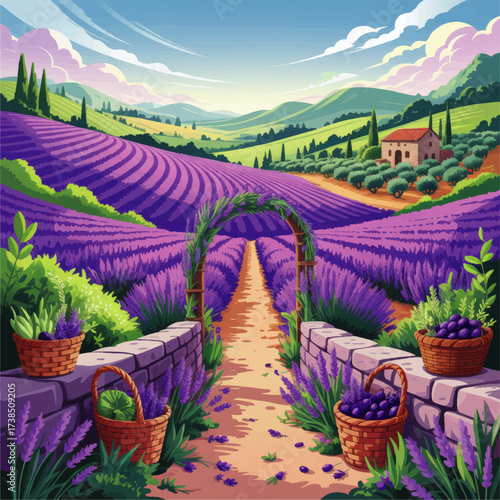 Idyllic Lavender Field Landscape Illustration with Flowers, Baskets, Stone Pathway, and Countryside House under Blue Sky