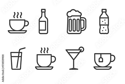 Norwegian Beverage Icons. Outline icon set of Norwegian beverages: coffee cup, aquavit bottle, beer mug, mineral water bottle, juice glass, hot chocolate,