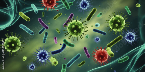 Colorful 3D Render of Virus and Bacteria Microscopic Cells on Abstract Green Background for Science and Medical Concepts