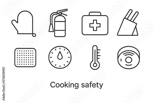 Cooking Safety Icons. Outline icon set of cooking safety: oven mitt, fire extinguisher, first aid kit, knife block, non-slip mat, timer, thermometer, smoke