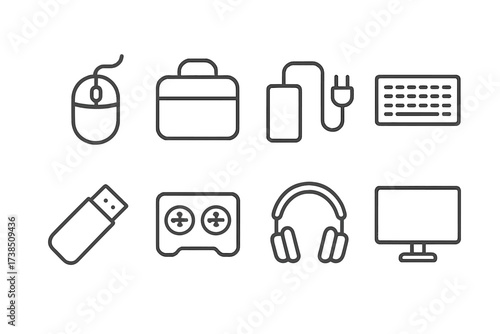 Laptop Accessories Icons. Outline icon set of laptop accessories: mouse, laptop bag, charger, external keyboard, USB flash drive, cooling pad, headphones,