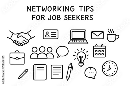 Networking Essentials Icons. Hand-drawn doodle illustration Networking tips for job seekers handshake, business card, phone, laptop, email, calendar, coffee
