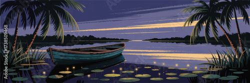 Tranquil Tropical Lake at Evening With Wooden Rowboat, Palm Trees, Water Lilies and Glowing Fireflies – Vector Illustration