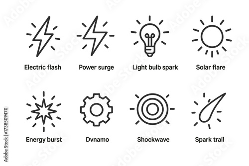 Energy Spark Icons Set. Outline icon set of energy spark: electric flash, power surge, light bulb spark, solar flare, energy burst, dynamo, shockwave, spark
