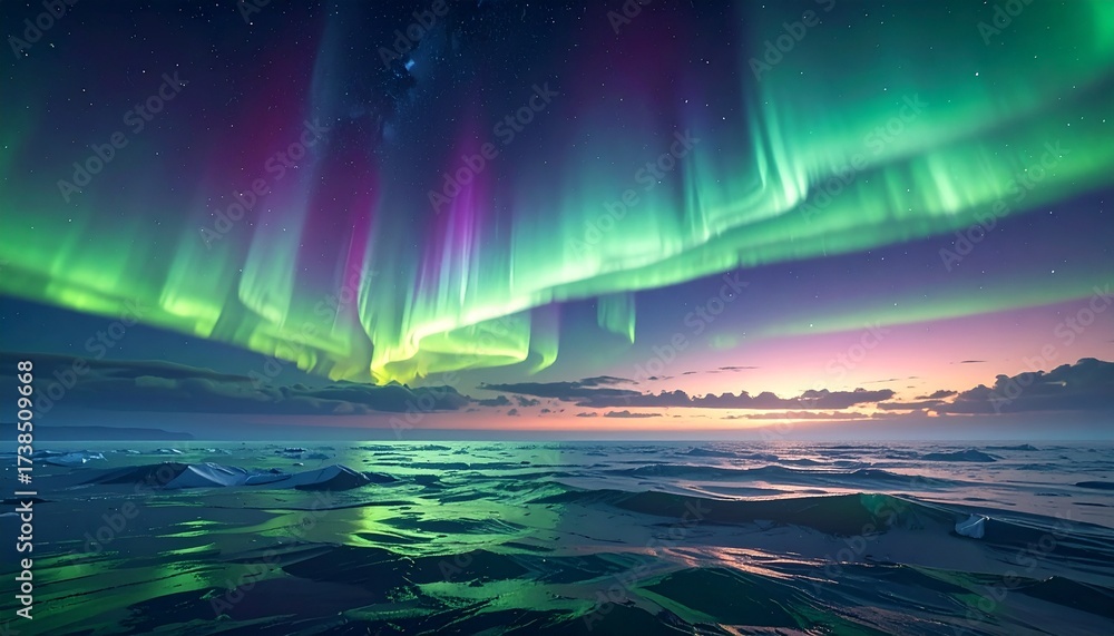 Naklejka premium Vast horizon filled with glowing auroras cascading over silver oceans, heavenly ethereal DESIGN concept. 