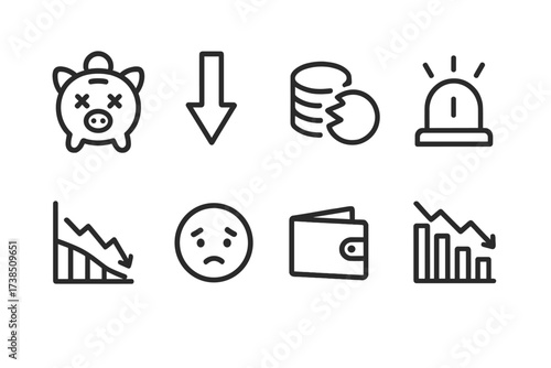 Financial Loss Icons. Outline icon set of financial loss: empty piggy bank, downward arrow, broken coin pile, alarm light, falling stock graph, worried face,