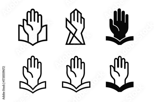 Educational Hand Logos. Raising a hand in class. Set Logo of education: abstract line art of hand raised in participation. harmonious logo variations of the