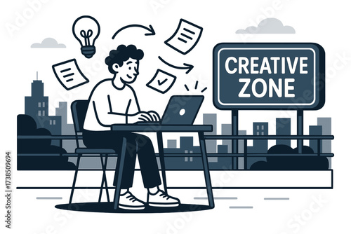 Rooftop Creative Workspace. Flat roof workspace. A person working on a laptop at a rooftop desk with city views, paper icons floating around like ideas. A