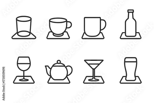 Outline Coaster Icon Set. Outline icon set of coaster uses: drink coaster, cup coaster, mug coaster, bottle coaster, wine glass coaster, teapot coaster,