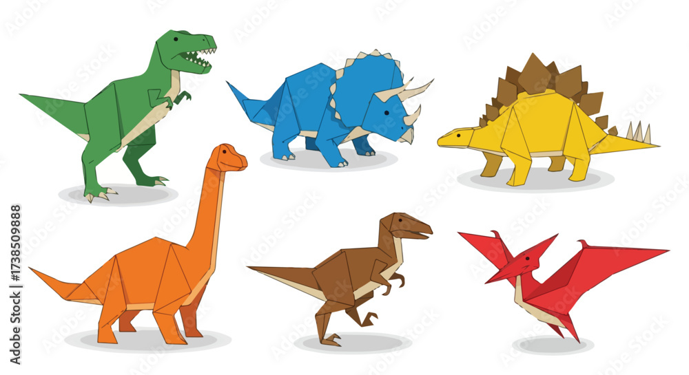 Obraz premium Collection of Origami Dinosaurs T Rex Triceratops Stegosaurus Brachiosaurus Velociraptor Pterodactyl Cute Vector Illustration for Kids