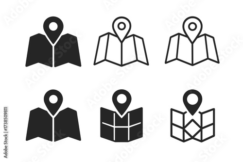 Exploration Logo Variations. Exploring New Places. Set Logo of Exploring New Places: map with location pin. harmonious logo variations of the same emblematic