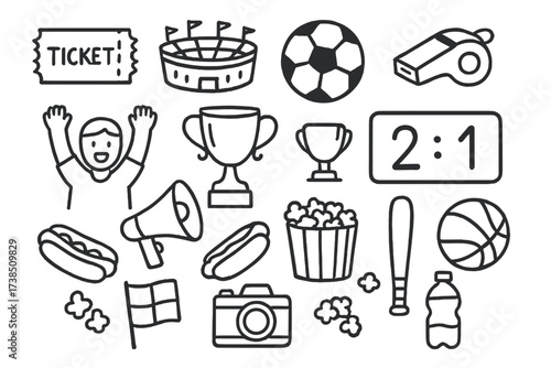 Sports Event Essentials. Hand-drawn doodle illustration Sports event essentials for fans ticket, stadium, soccer ball, whistle, trophy, fan cheering,