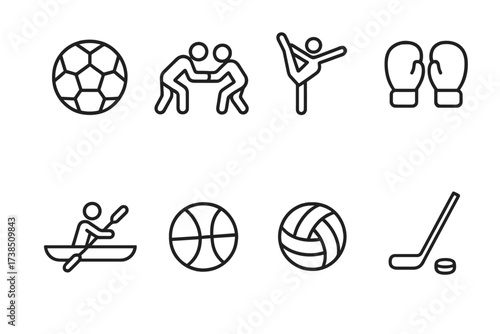 Sports and Landmarks Icons. Outline icon set of Ukrainian sports: football, wrestling, gymnastics, boxing gloves, canoeing, basketball, volleyball, hockey