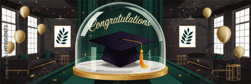 Elegant Graduation Party Scene with Cap and Congratulations, Gold Balloons, Festive Confetti, Modern Green and Black Decor