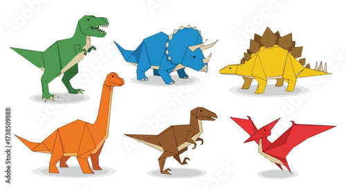 Collection of Origami Dinosaurs T Rex Triceratops Stegosaurus Brachiosaurus Velociraptor Pterodactyl Cute Vector Illustration for Kids