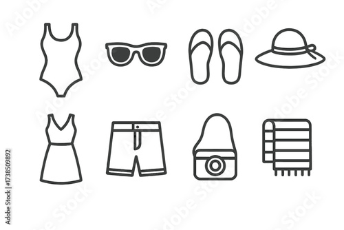Honeymoon Fashion Icons. Outline icon set of honeymoon fashion: swimsuit, sunglasses, sandals, sunhat, dress, shorts, camera bag, beach towel. Line icons in
