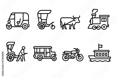 Cultural Icons Collection. Outline icon set of Indian transportation: auto rickshaw, cycle rickshaw, bullock cart, train engine, hand-pulled rickshaw, jeepney,